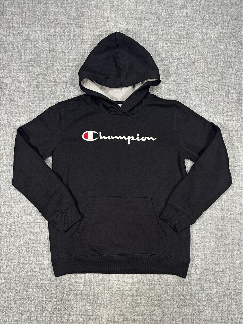 Champion Youth Hoodie L 14/16 Black Pullover Logo Script Sweatshirt Comfort
